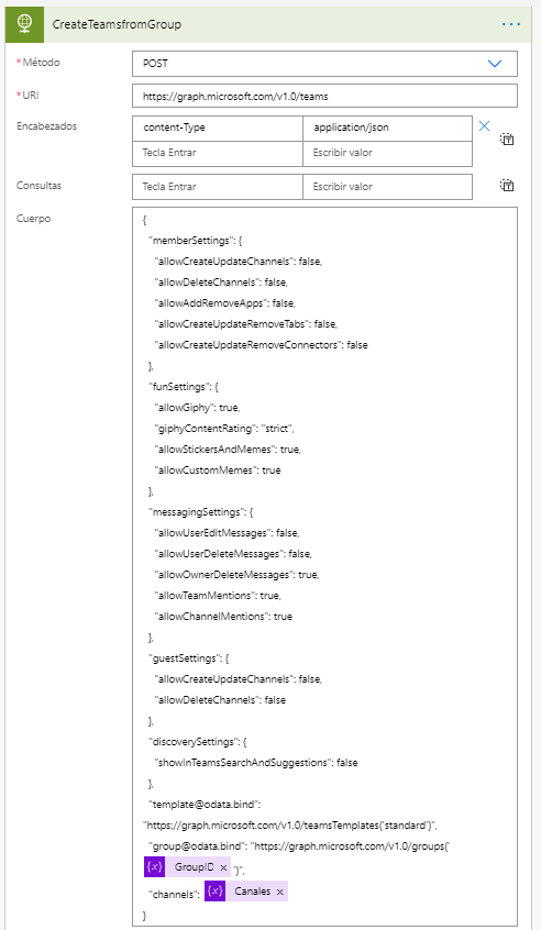 Imagen 5.- Ejemplo de utilización de la API de Graph en Power Automate para la creación de un equipo de Teams.