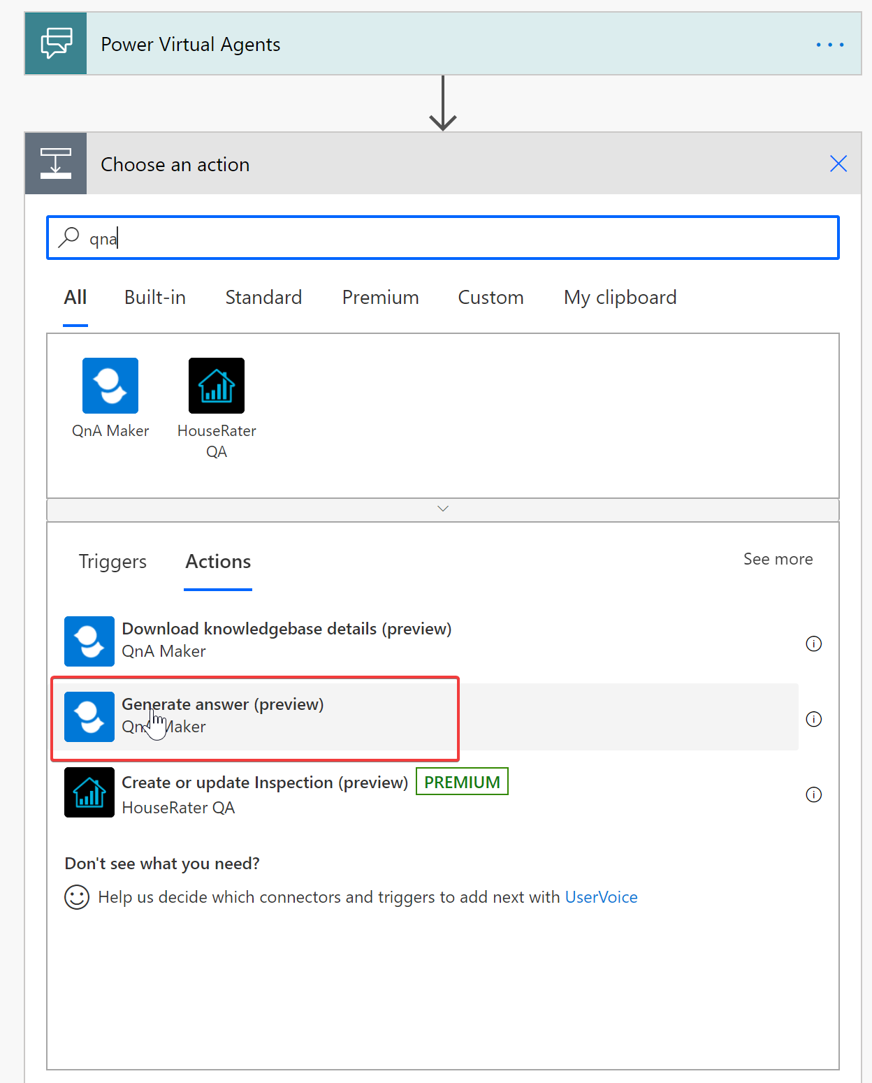 Imagen 9.- Acción de tipo &ldquo;Generate answer&rdquo; de QnA Maker.