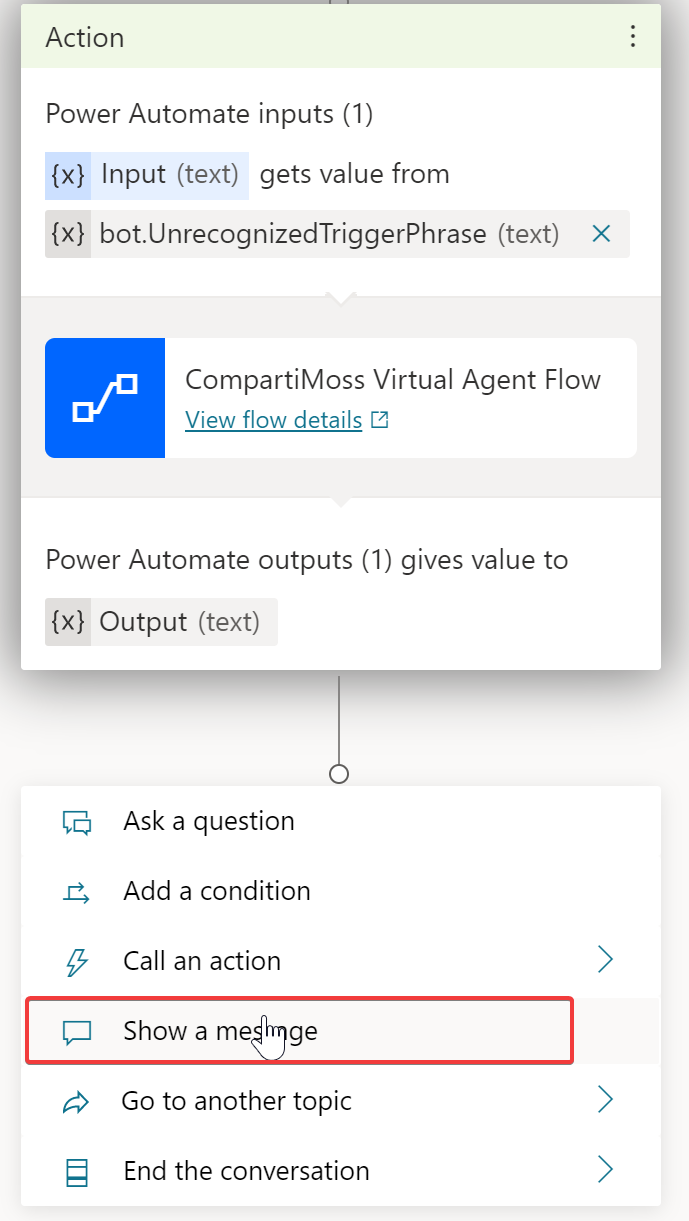 Imagen 14.- Nuevo nodo &ldquo;Show a message&rdquo; a añadir.