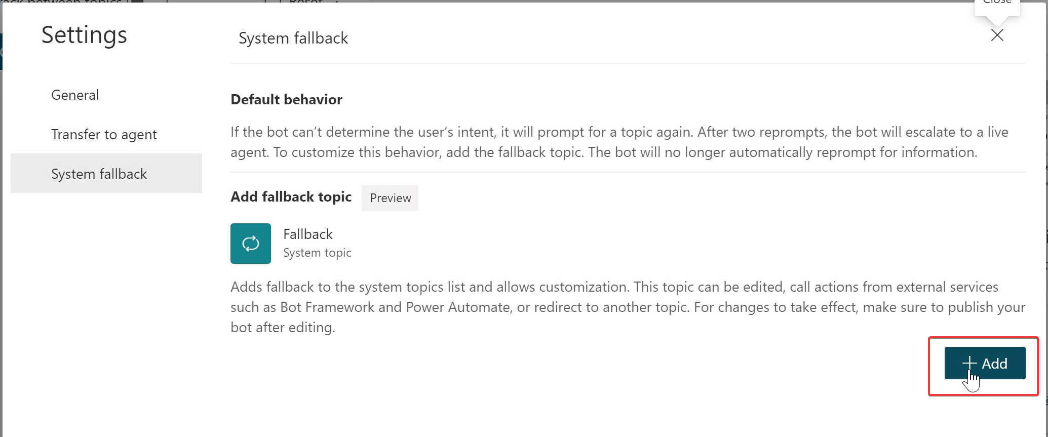 Imagen 2.- Ventana de System fallback del Virtual Agent.