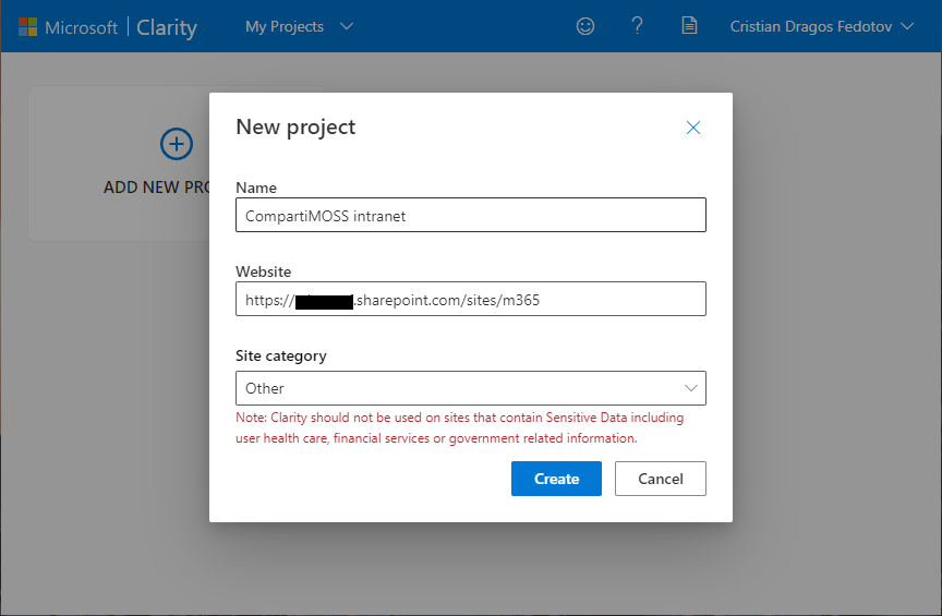 Imagen 2.- Creación de nuevo proyecto en Microsoft Clarity.