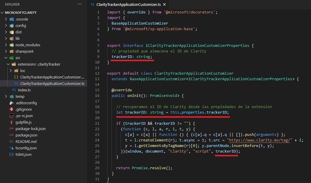 Imagen 5.- Solución de SPFx donde se utiliza el código JS del tracker de Microsoft Clarity.