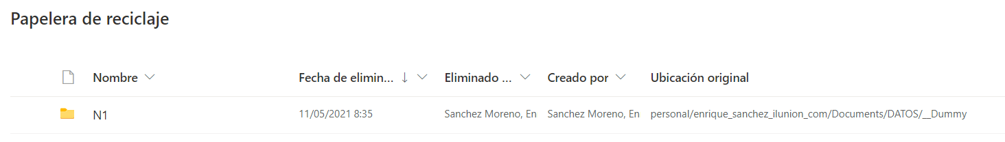 Imagen 3.- Experiencia de usuario al visualizar en la papelera los archivos eliminados desde el cliente Web.