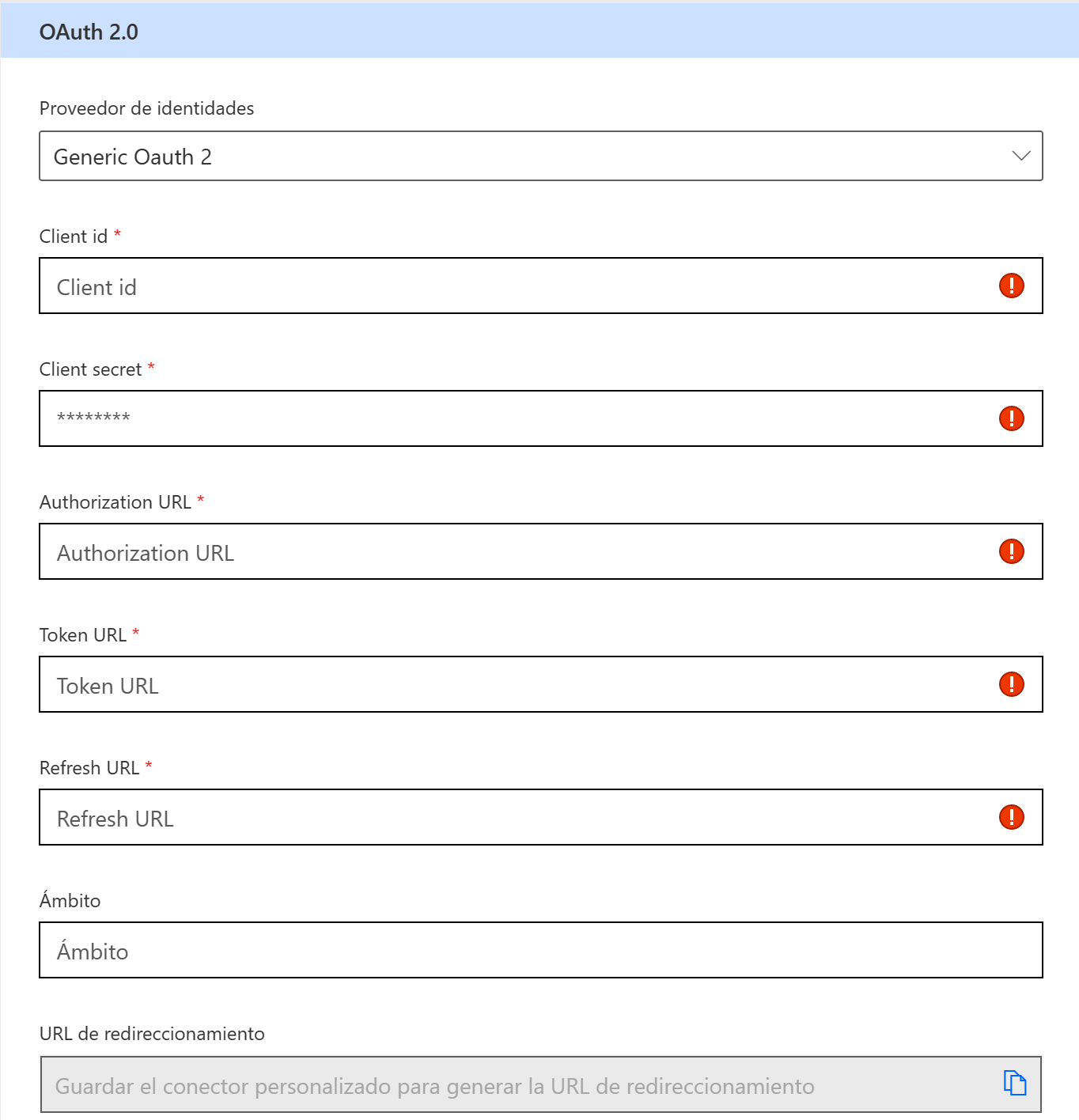 Imagen 6.- Parámetros de configuración para Oauth 2.0.