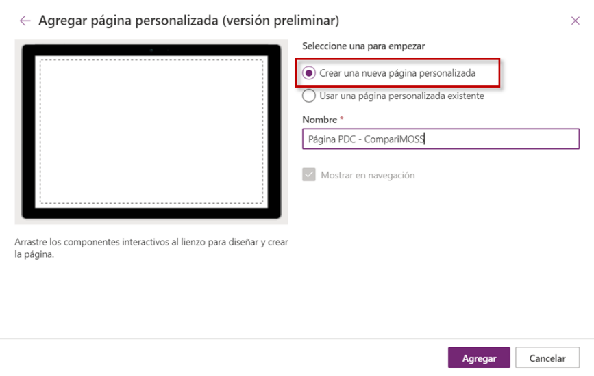 Imagen 5.- Opción &ldquo;Crear una nueva página personalizada&rdquo;.
