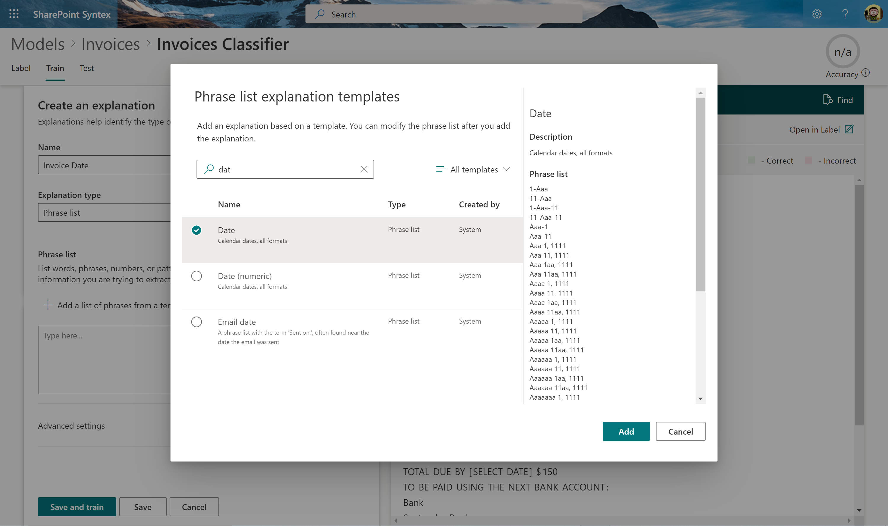 Imagen 10.- Definición de una explicación para identificar una fecha a partir de una plantilla.