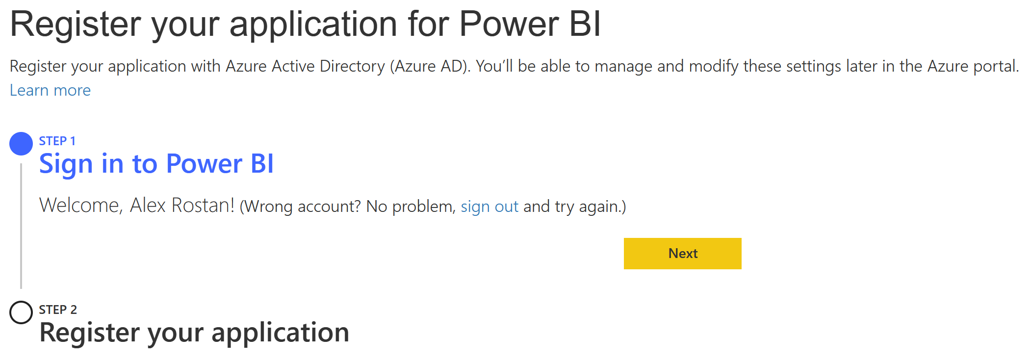 Imagen 7.- Inicio del registro de la aplicación Power BI.