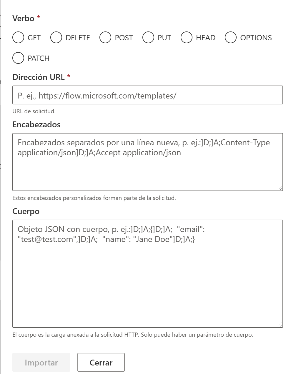 Imagen 16.- Configuración del verbo para la solicitud