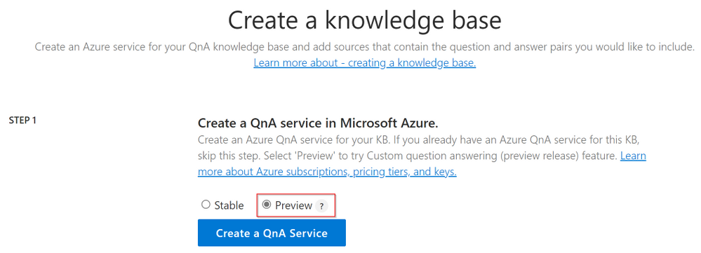 Imagen 2.- Creación del servicio QnA.