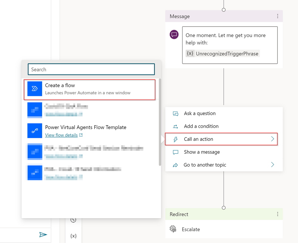 Imagen 9 - Llamar a un flujo de PA desde un fallback topic.