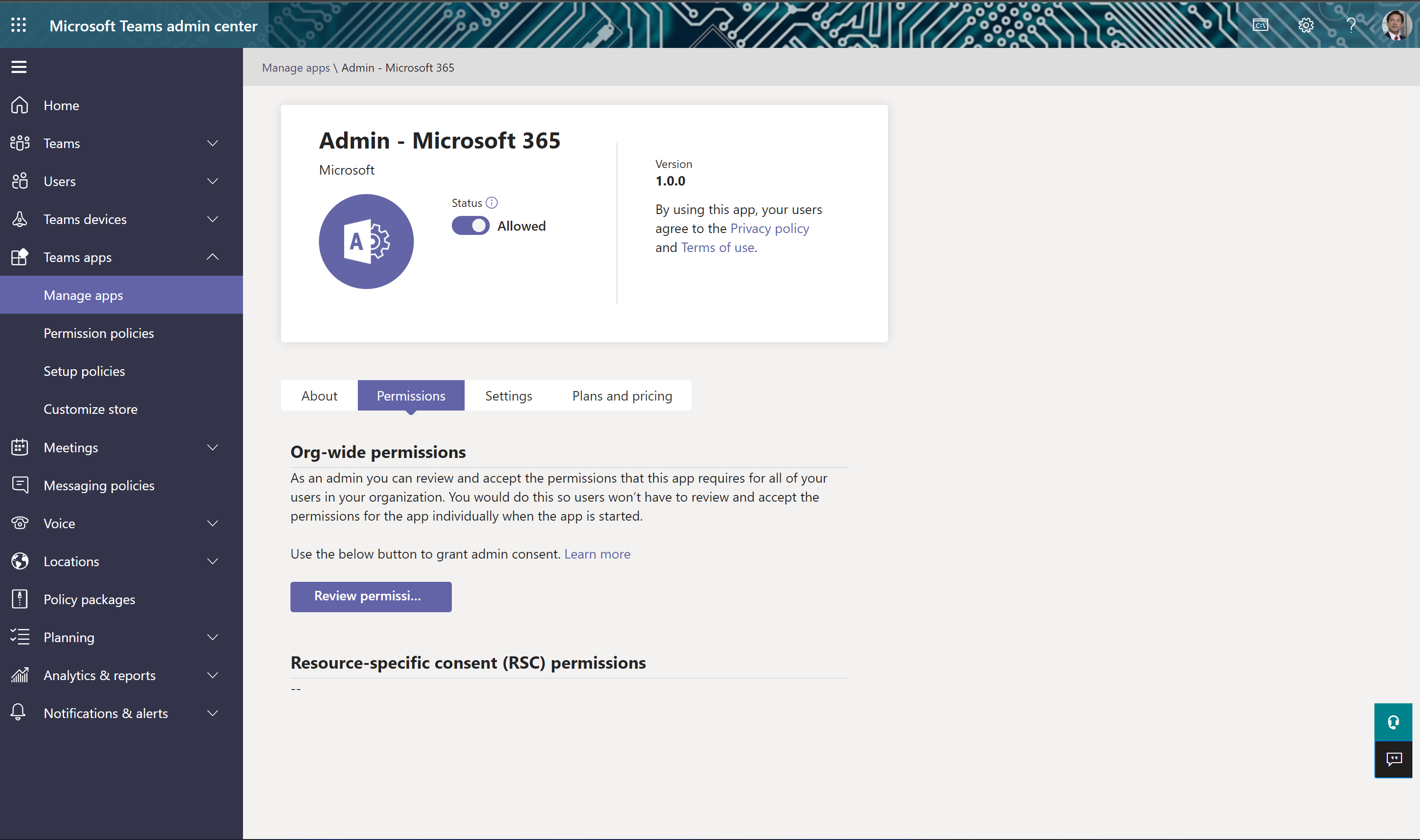 Imagen 2.- Sección de permisos en la Admin – Microsoft 365 App.