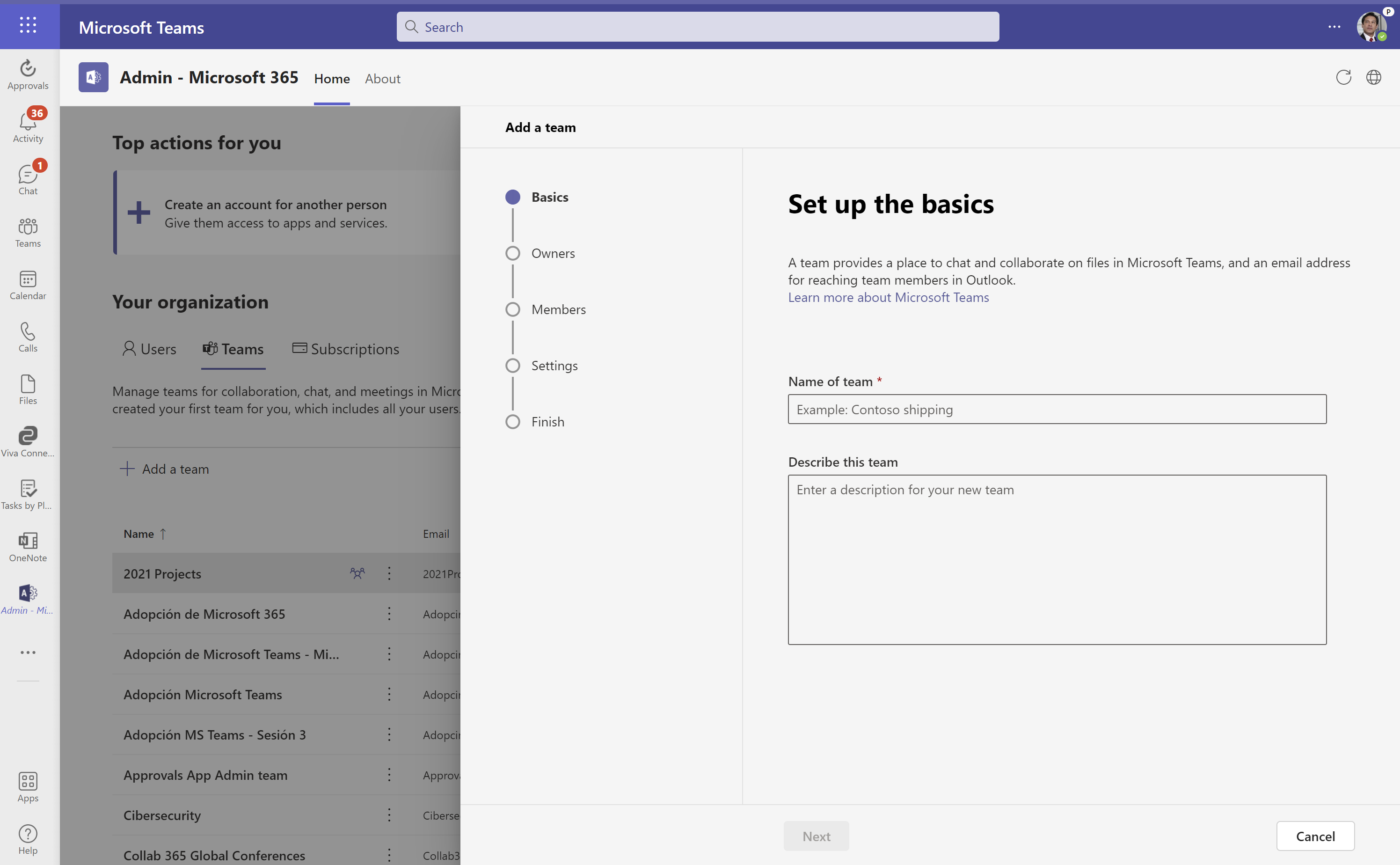 Imagen 8.- Experiencia de usuario para crear un Team desde la Admin – Microsoft 365 App.