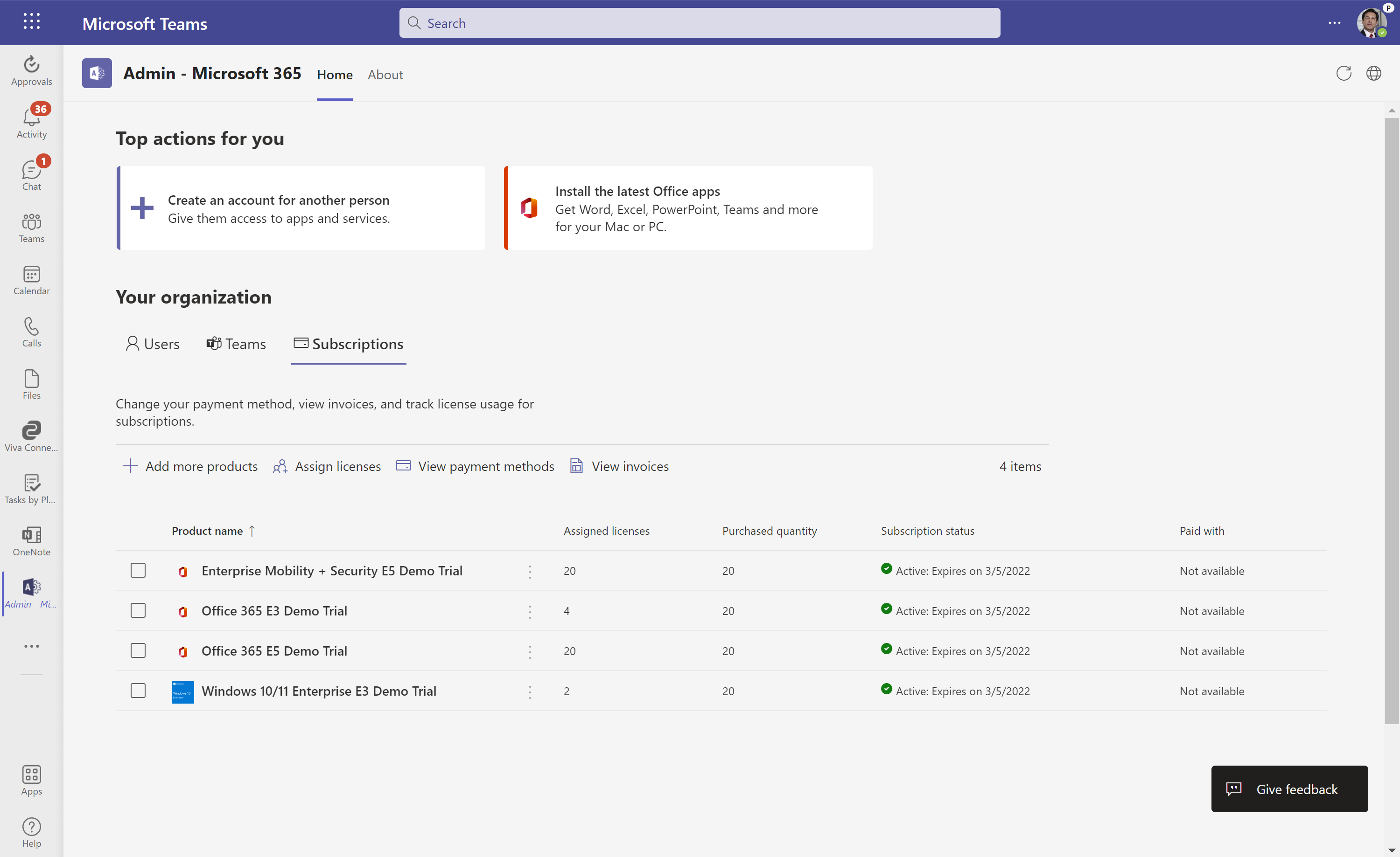 Imagen 9.- Gestión de suscripciones desde la Admin – Microsoft 365 App.