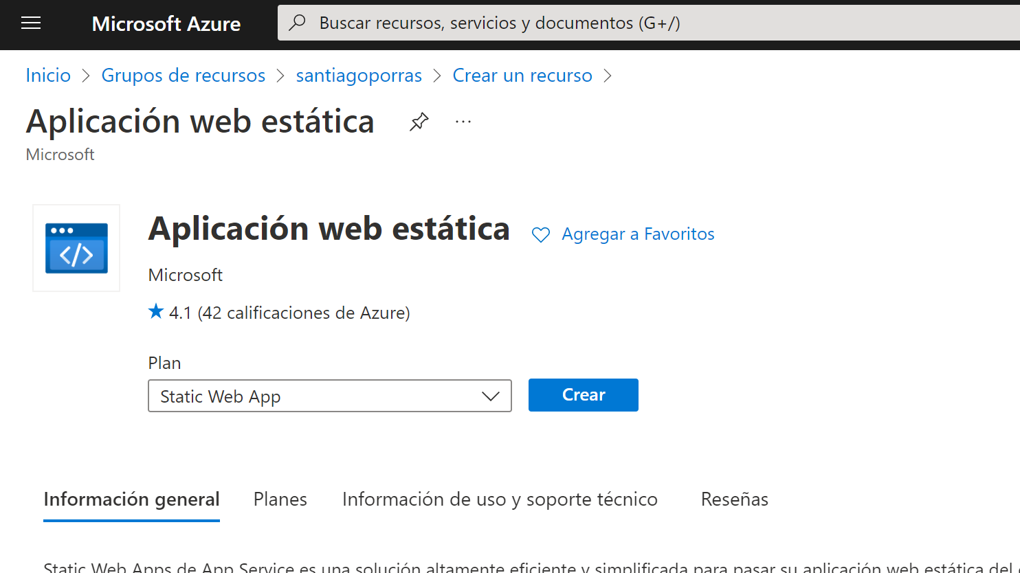Imagen 1 - Creación de Azure Static Web App