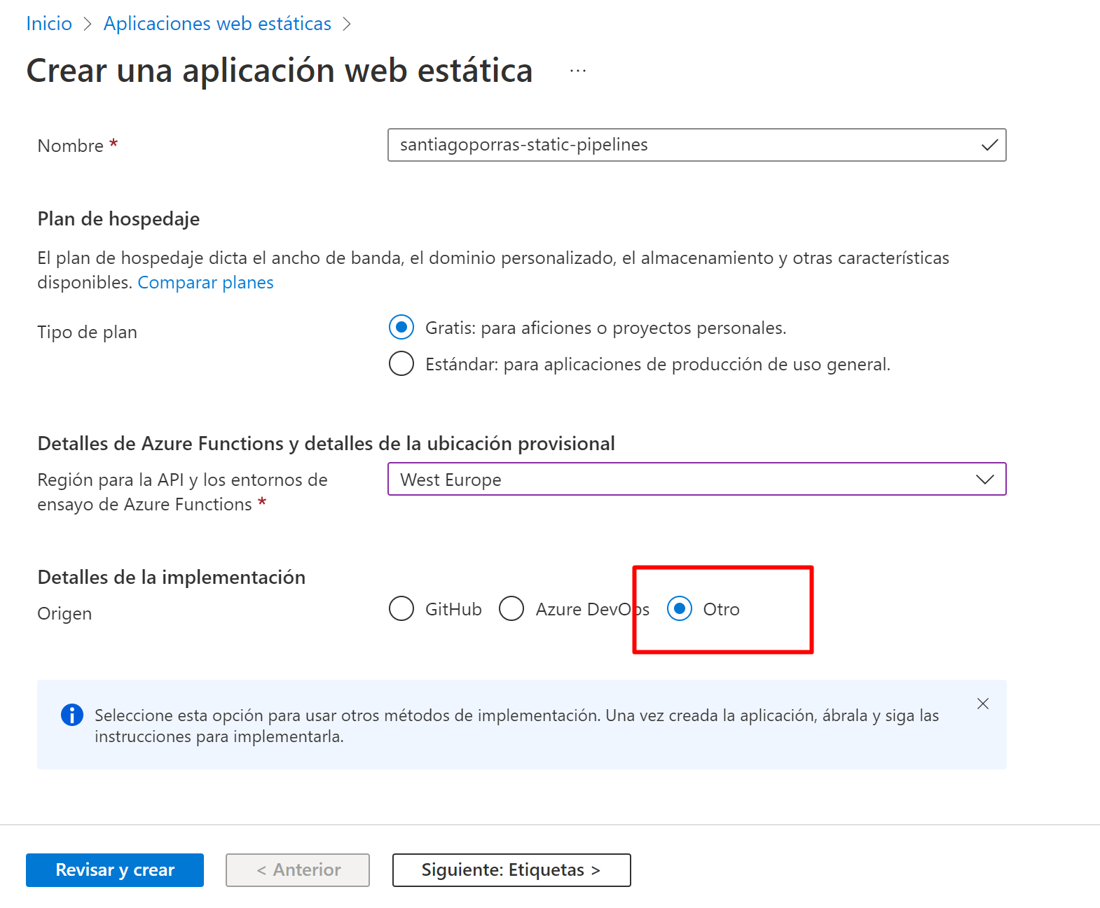Imagen 14 - Creación de Azure Static Web App