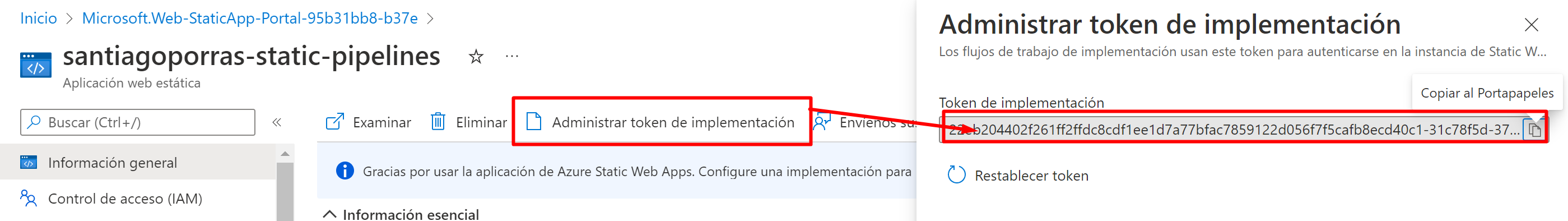 Imagen 22 - Obtención del token de implementación de Azure Static Web App