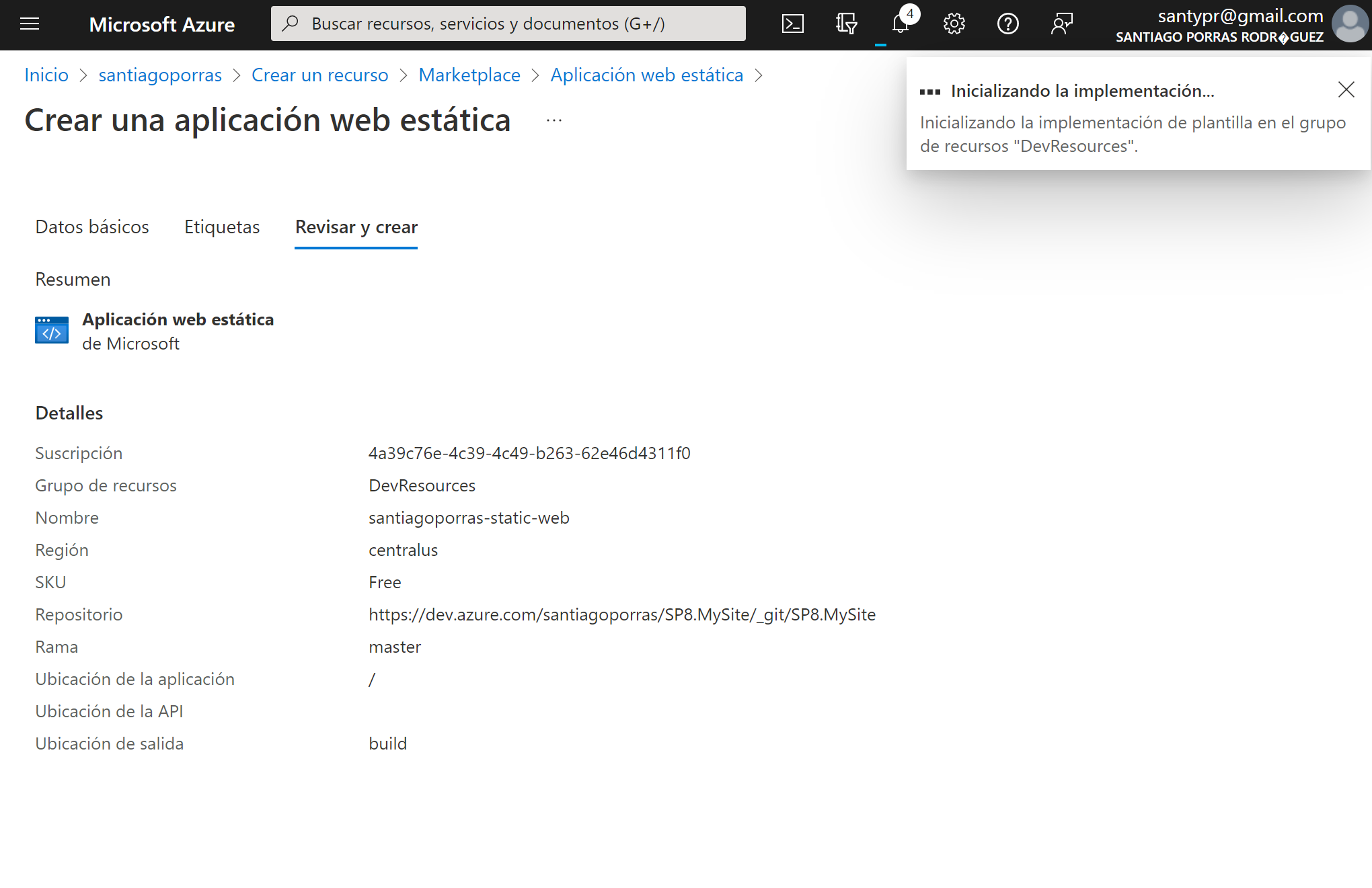 Imagen 9 &ndash; Resumen de configuración de Azure Static Web App