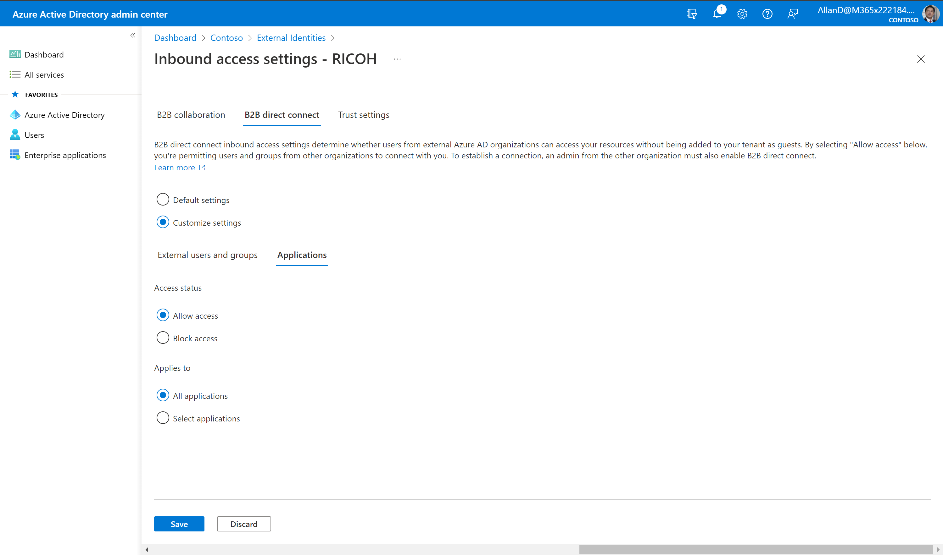 Imagen 11.- Configuración de aplicaciones permitidas para la colaboración externa entrante.
