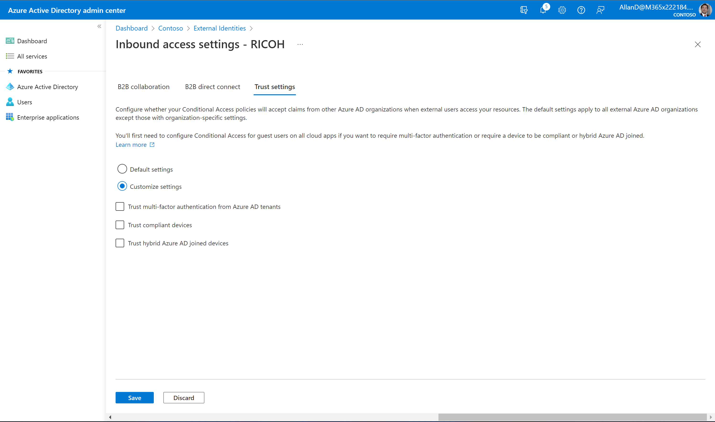 Imagen 12.- Configuraciones de seguridad para la colaboración externa entrante.