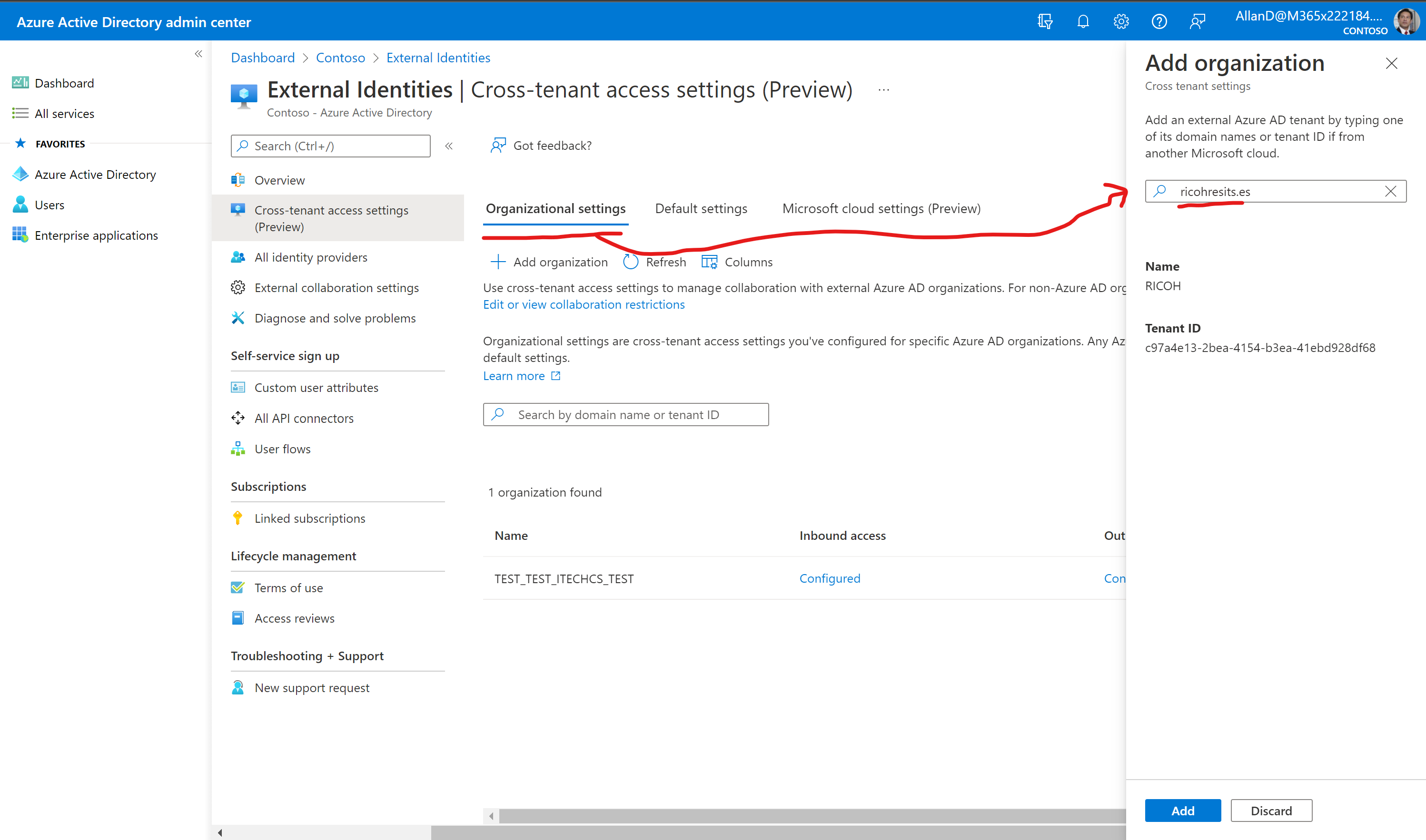Imagen 7.- Añadiendo una organización con la que colaborar externamente mediante Azure AD B2B direct connect.