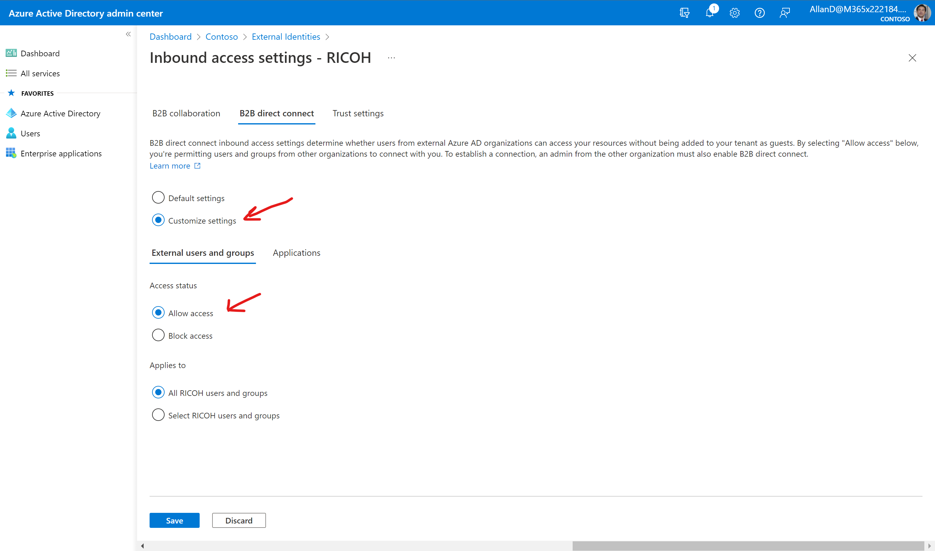 Imagen 9.- Configuraciones personalizadas de Azure AD B2B direct conect para colaboración externa entrante (Inbound).