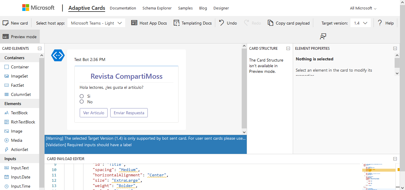 ¿Cómo enviar una Adaptive Card por Teams y esperar su respuesta?