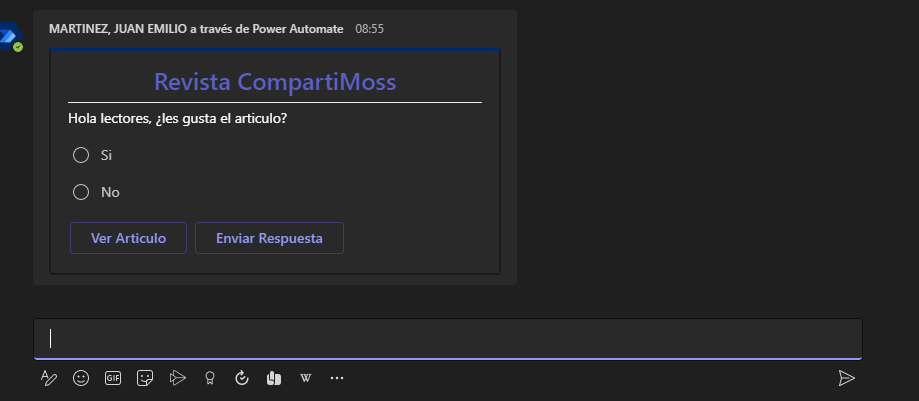 Imagen 6.- Adaptive Card enviada a Teams.