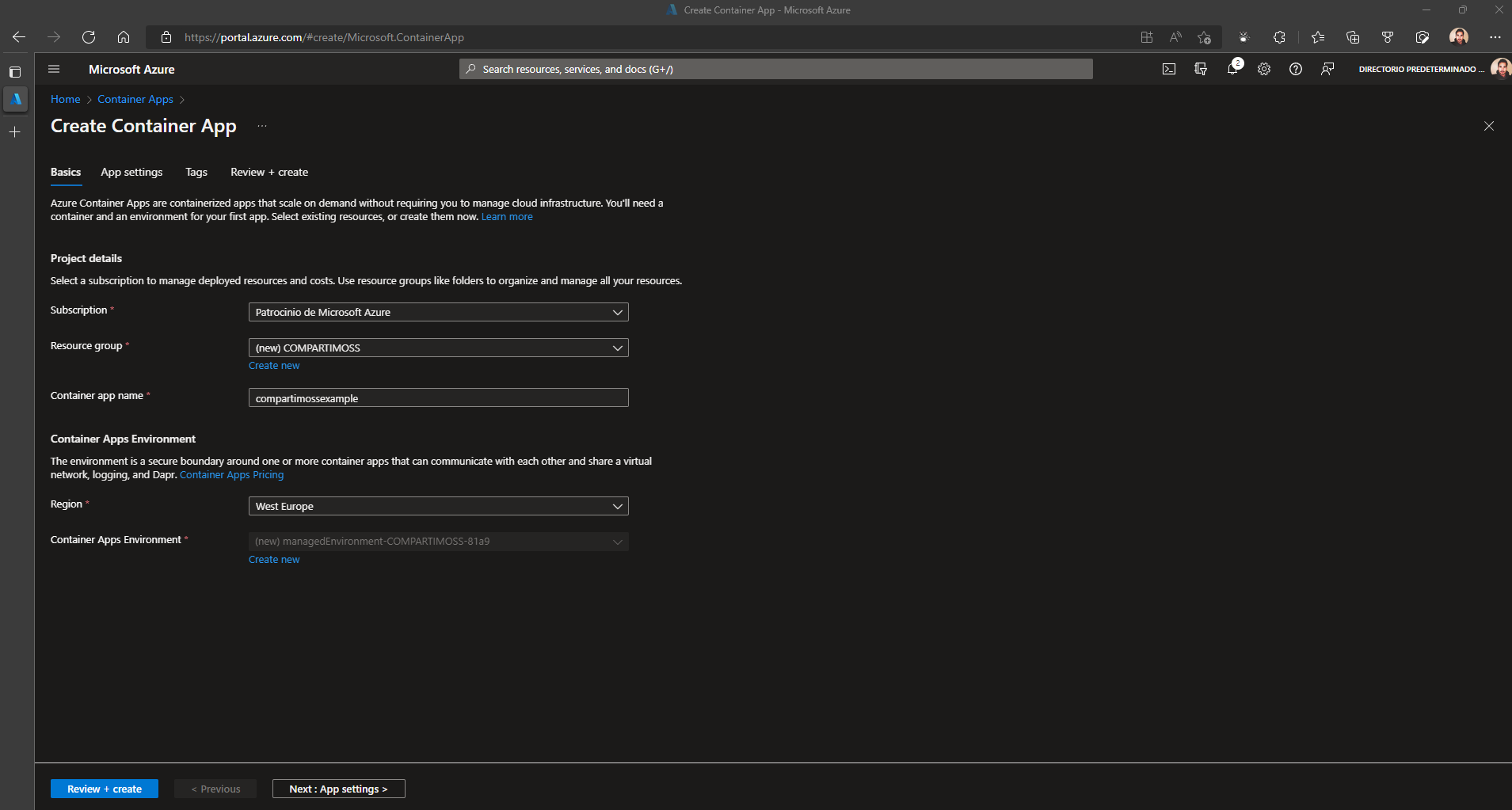Imagen 2. Creación del recurso de Container Apps en el portal de Azure