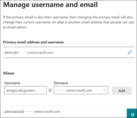 Imagen 2.- Añadiendo un nuevo alias a un buzón existente desde la Administración de Microsoft 365.