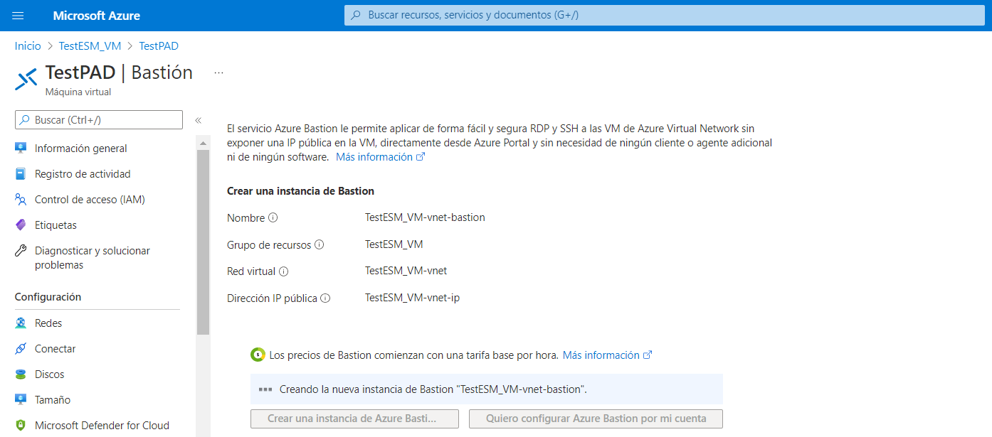 Imagen 20.- Creando una instancia de Azure Bastion.