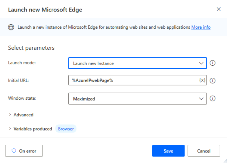 Imagen 22.- Configuración de la acción “Launch new Microsoft Edge”.