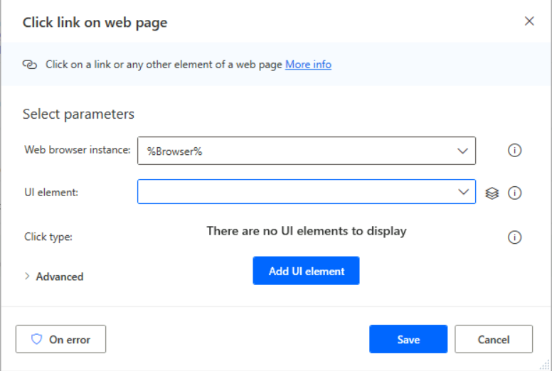 Imagen 24.- Configurando la acción “Click link on web page”.
