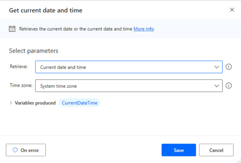 Imagen 32.- Acción “Get current date and time”.
