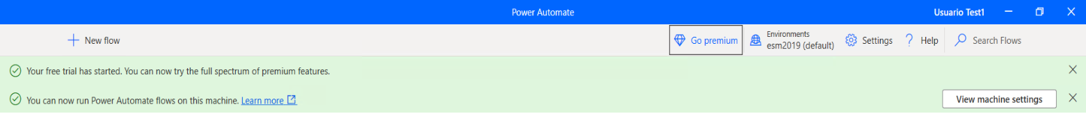 Imagen 8.- Mensaje de versión trial de Power Automate Desktop activada.