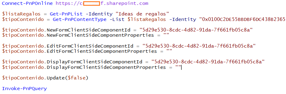 Imagen 6.- Enlace del tipo de contenido con los formularios en PowerShell.