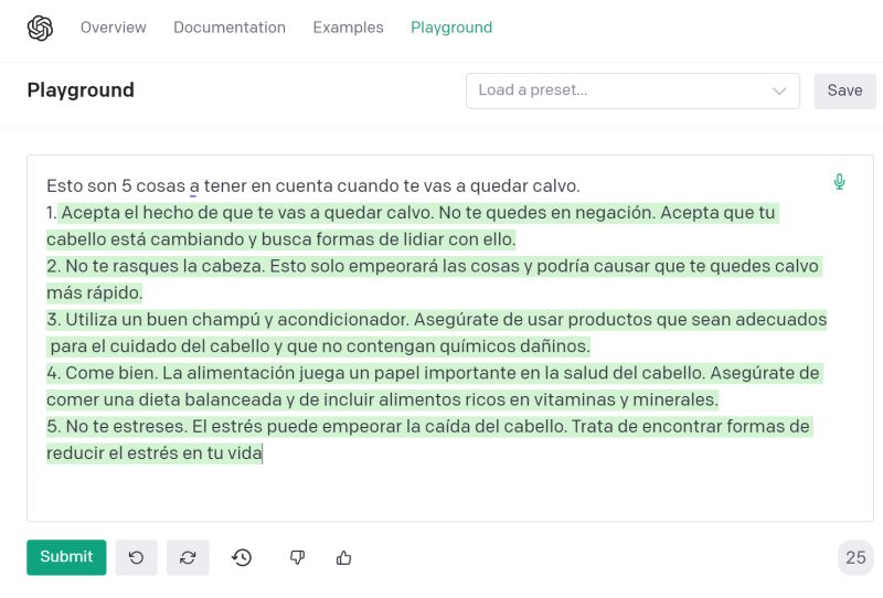 Imagen 3.- Resultados con GPT-3 ante la pregunta &ldquo;Cosas a tener en cuenta cuando te vas a quedar calvo&rdquo; .