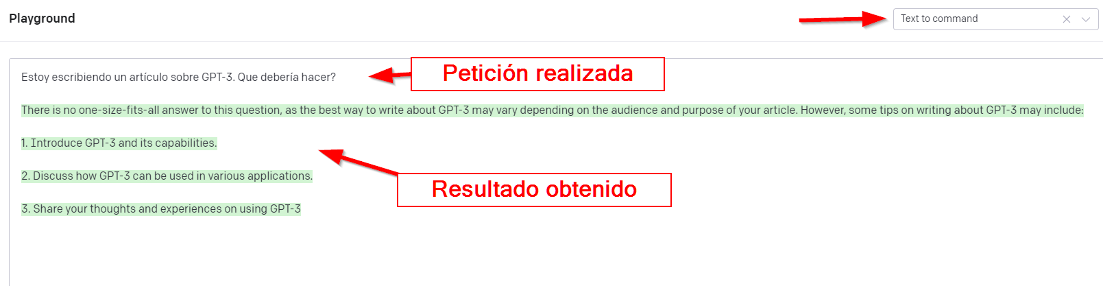 Imagen 4.- Resultados con GPT-3 modificando el preset a &ldquo;convertir a un comando&rdquo;.