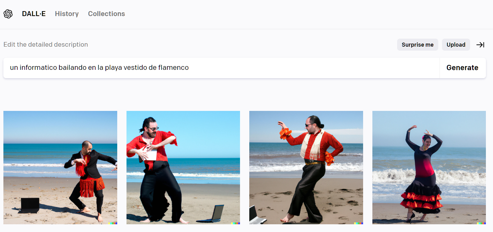 Imagen 7.- Resultados en DALL·E para la petición &ldquo;un informático bailando en la playa vestido de flamenco&rdquo;.