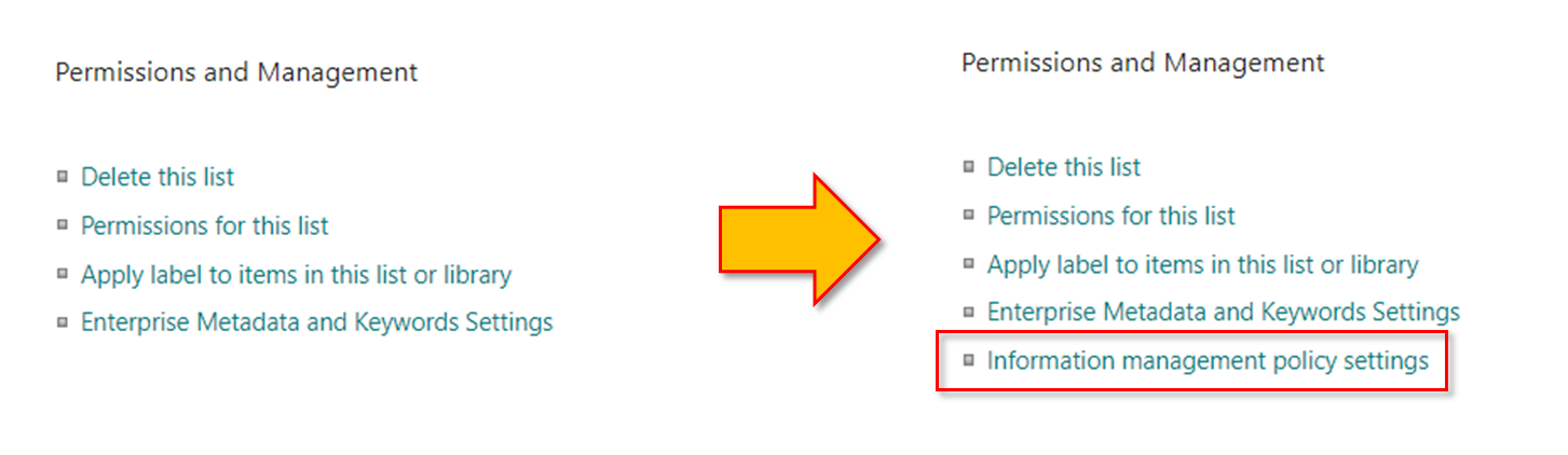 Imagen 2.- Opción &ldquo;Information management policy settigns&rdquo; en una biblioteca de documentos.