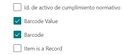 Imagen 5.- Campos añadidos a la lista al configurar los códigos de barras.