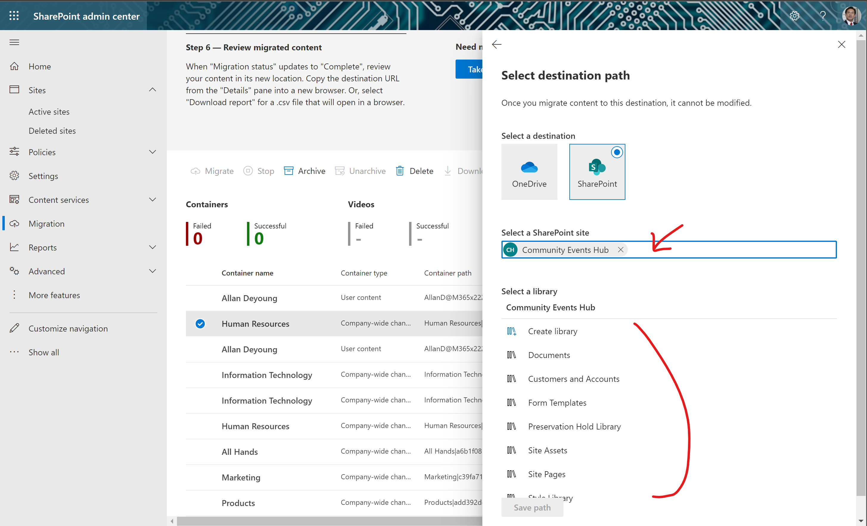 Imagen 9.- Indicando el destino de la migración de los videos del contenedor.