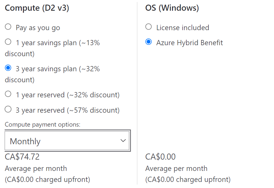 Example screenshot showing the Azure pricing calculator monthly
compute charge value
example.