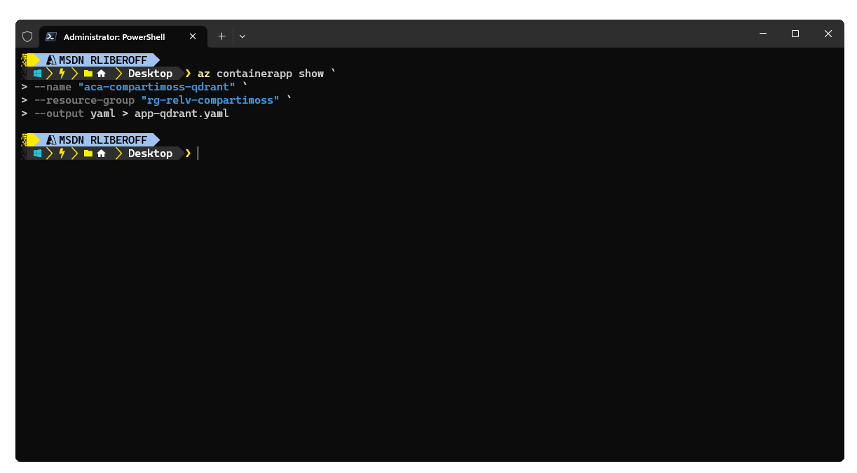 Imagen 14 - Comando de Azure CLI para actualizar el contenedor de Qdrant con la configuración modificada para que tenga un volumen vinculado donde dejar de forma permanente sus datos e información que gestiona.