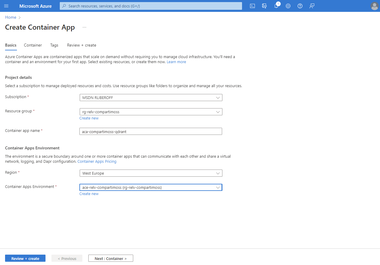 Imagen 8.- Configuración de la imagen de Qdrant para el Azure Container App.