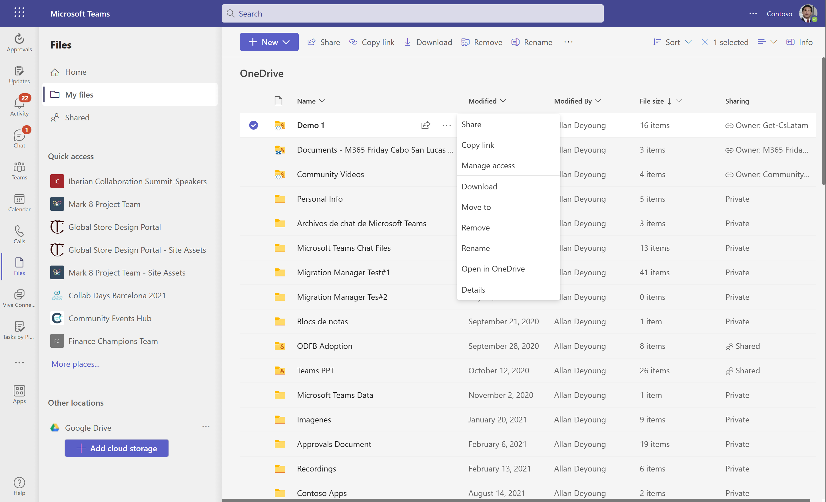 Imagen 6.- Opciones para interactuar con una carpeta desde la sección My files.