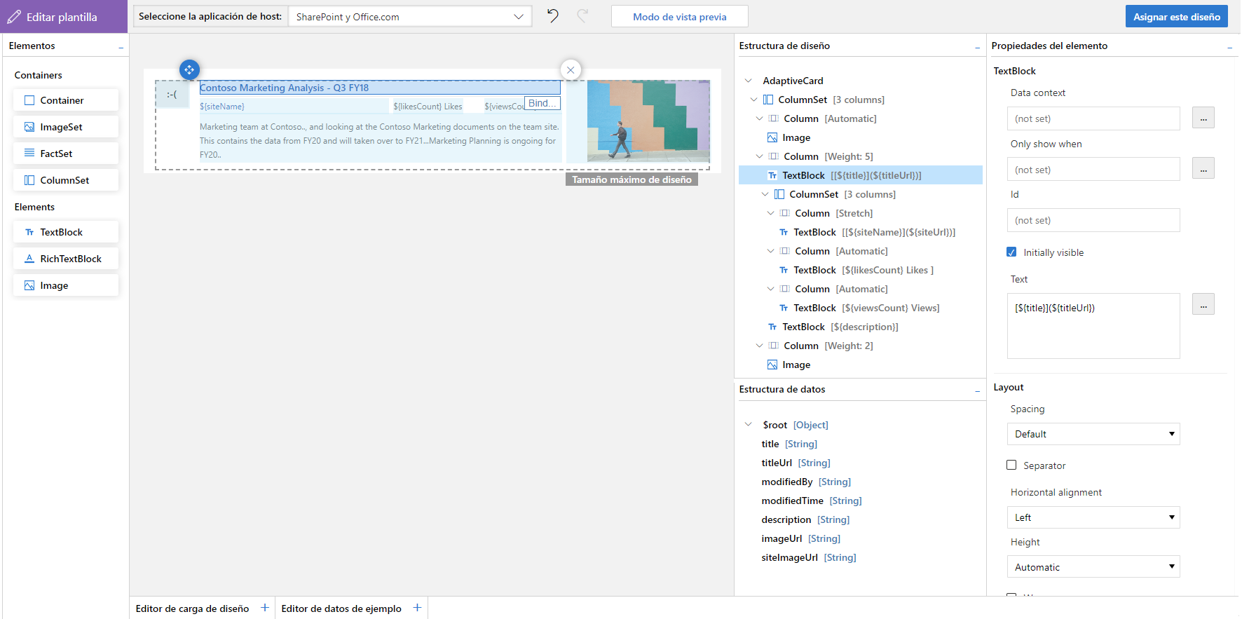 Imagen 6.- Diseñador visual de adaptive cards.