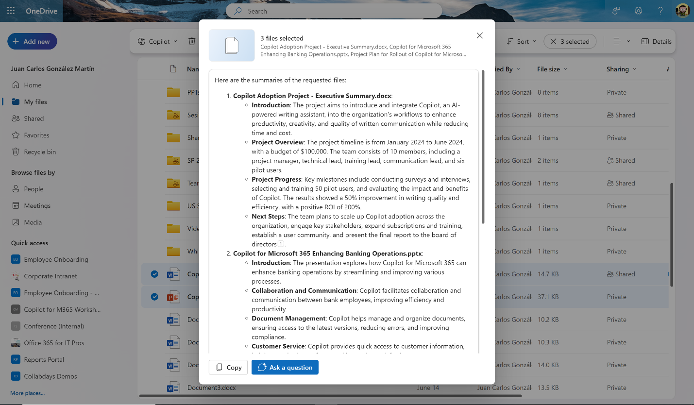 Imagen 5.- Resumir varios archivos seleccionados con Copilot para OneDrive.