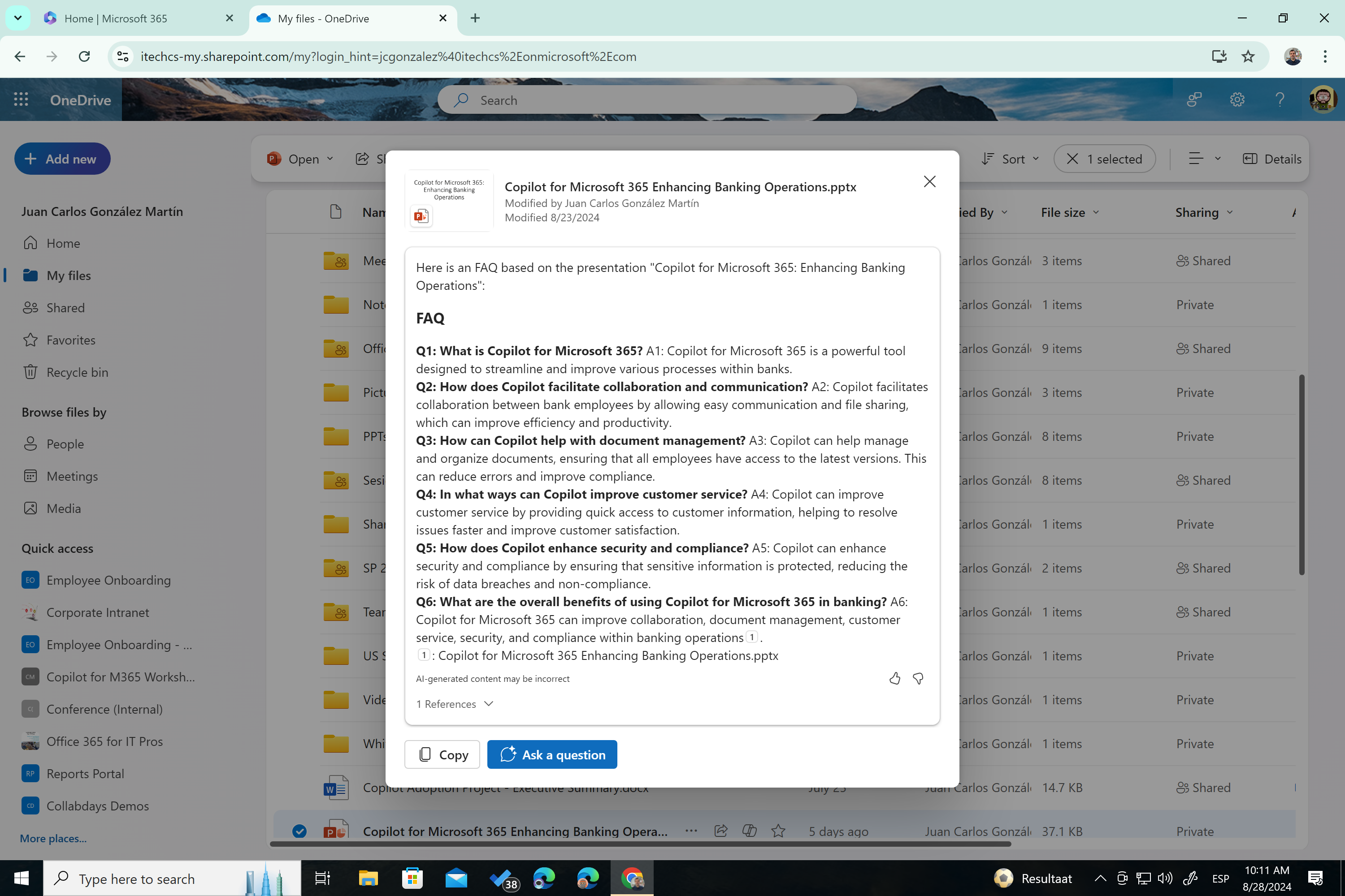 Imagen 7.- Generar una FAQ con Copilot para OneDrive.