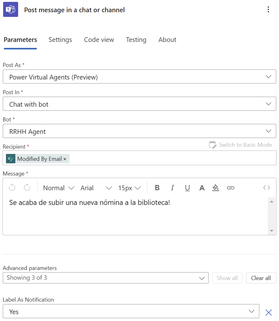 Imagen 4.- Configuración del envío de mensaje proactivo a MS Teams.