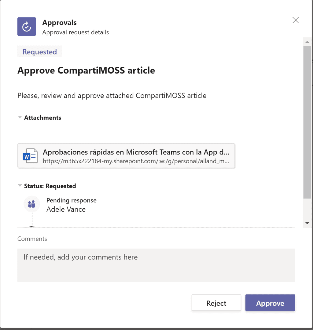 Imagen 6.- Notificación de aprobación generada por la App de Aprovals que recibe el usuario.